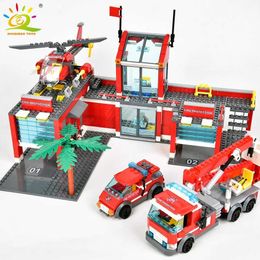 Blocks HUIQIBAO 756 pieces of fire station model building blocks trucks helicopters firefighters building blocks urban childrens educational toys WX