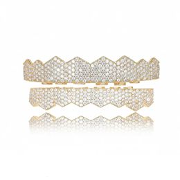Hiphop Iced Out 5A Zircon Teeth Grills Set for Men Gold Colour Cubic Zirconia 8pcs Tooth Top Bottom Charm Grills Cover 240428