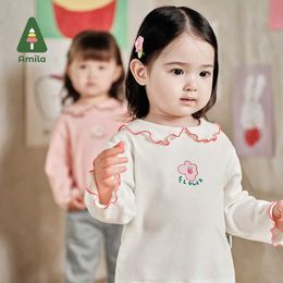 T-shirts Amila Baby Girl T-shirt 2024 Spring New Sweet Small Lapels Flower Motif Comfortable and Breathable Baby ClothingL2405