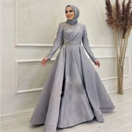 Hijab Muslim Evening High Collar Full Sleeve Satin Formal Gown Floor Length with Bead Sequin Arabic Dubai Prom Dress 0516