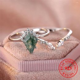 Cluster Rings Cute Female 2pcs Geometric Agate Stone Ring Set Vintage Real 925 Sterling Silver Wedding Jewellery For Women