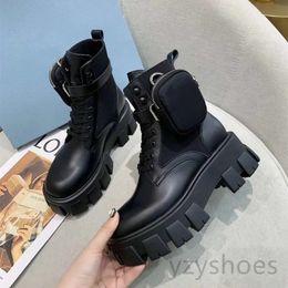 Women Designer Stylist Rois Boots Ankle Nylon pocket black boot military inspired combat bootes nylons pouch attached Removable bags Winter Thick-Soled Shoess