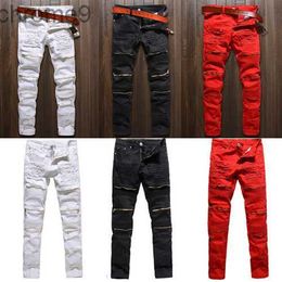 Mens Jeans Men Skinny Stretch Denim Ripped Pants Distressed Freyed Slim Fit Destroyed Black White Red 230211 7KLW