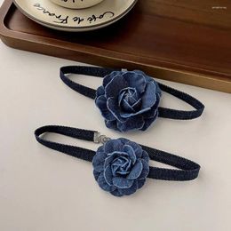 Choker Big Rose Flower Trend Collarbone Chain Denim Necklace Women Jeans Cloth Y2K Style Adjustable Clavicle