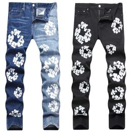 Men's Jeans EHMD Dark Light Blue Leg Embroidered Cotton Jeans Men Printed Pants Pleated Gradient 3D Zipper Slim Fashion Versatile Elastic2 T240515