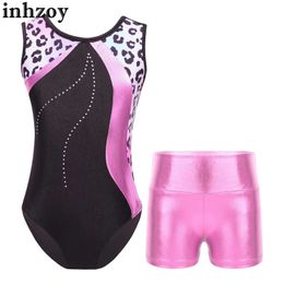 Dancewear Kids Girl Gymnastic Ballet Dance Outfit Sleeveless Printed Patchwork Leotard with Metallic High Waist Shorts Ballerina DancewearL2405