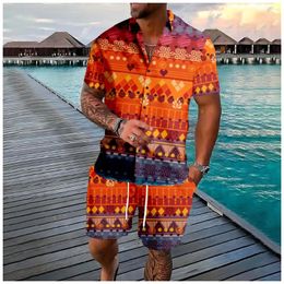 Men's Tracksuits Hawaiian Sets Tribe Pattern Button Shirts Shorts Summer Geometry Mix Colours Beach Hipster Streetwear Men Clothing