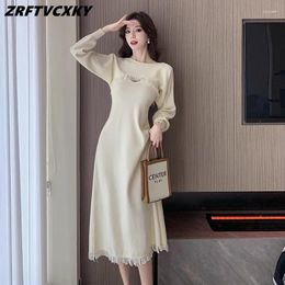 Work Dresses Vintage Knitte Two Piece Set For Women Temperament Tassels Long Sleeve Shawl Top V-Collar Sling Dress Autumn Sweater Suit