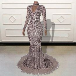 Party Dresses Sparkly Sequined Mermaid Long Prom Dress For Graduation 2024 V Neck Feathers Full Sleeves Women Formal Evening Gowns