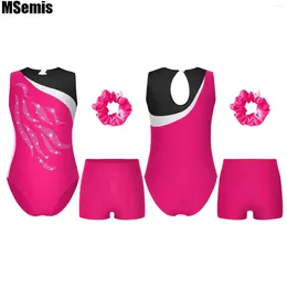 Clothing Sets Kids Girls Patchwork Dance Clothes Set Round Neckline Shiny Rhinestone Decorated Hollow Back Leotard With Boxer Shorts Hair