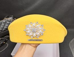 sweet diamond flower wool felt berets for women yellow winter hat female ins French painter caps4250526