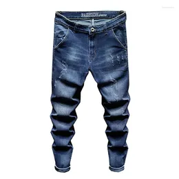 Men's Jeans Mens Brand Slim Fit Stretch Blue 2024 Fashion Pockets Deisnger Letters Casual Man Denim Pants Clothing Trousers