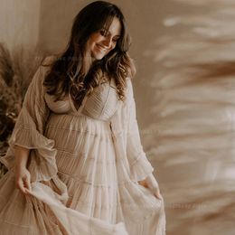 Bohemian Po Shooting Pregnancy Dress Vneck Long Sleeve Pleated Chiffon Elegant Maternity Pography Boho Style 240507