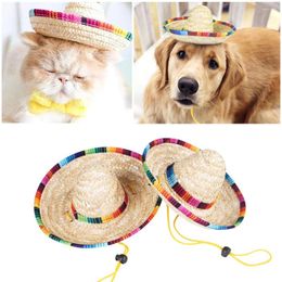 Dog Apparel Cute Mini Puppy Cat Straw Woven Sun Hat Cap Mexican Sombrero Pet Supplies Costume For Dogs Adjustable