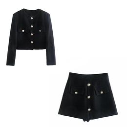 xikom Tweed Women Two-piece Set Black Vintage Office Lady Single Breasted Blazer Female Casual Slim High Waist Shorts Suit 240515