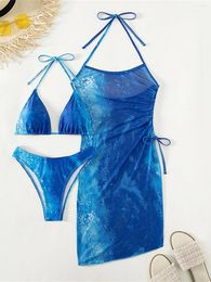 Women's Swimwear Tie Dye Halter With Dress Brazilian Bikini Women Female Swimsuit Three-pieces Set Bather Bathing Suit Swim K4494