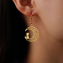 Cute Bady Cat Kitten Stainless Steel Gothic Moon Crescent Dangle Earrings Women Party Amulet Jewellery Wholesale