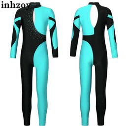 Dancewear Kids Girls Ballet Dance Figure Skating Gymnastics Performance Dancewear Long Sleeve Shiny Rhinestone Leotard Jumpsuits BodysuitL240502