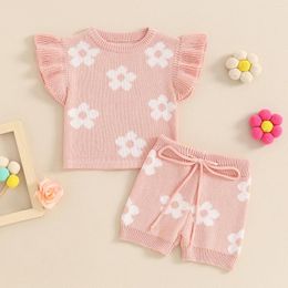 Clothing Sets MISOWMNJOY Kniited Baby Girls Clothes Floral Ruffle Kids Summer Outfits Cute Tank Tops Elastic Shorts Set Infant