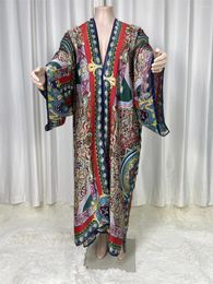 High Quality Summer Women Muslim Middle East Boho Print Silk Kaftan Maxi Dress Beach Bohemian Printed Long