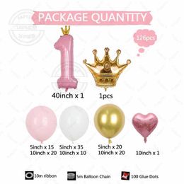 Party Balloons 126pcs Pink Number 40inch Crown Foil Balloons Arch Kit Princess Theme Girl Birthday Party Decoration Supplies Baby Shower 2024