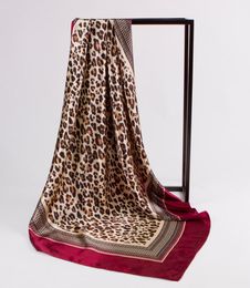 Luxury Kerchief Silk Satin Hijab Scarf For Women Square Shawls Leopard Print Head Scarfs Female 9090cm Neck Scarves For Ladies T22232679