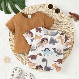 Pullover 2sts Summer Top Tier Newborn Boys Cute Dinosaur Print Short Sleeve Casual T-shirt Barnkläder 1-3 årsL240502