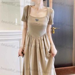 Designer casual women's clothing brand summer new classic square neckline pleated short sleeved dress high waisted A-line skirt