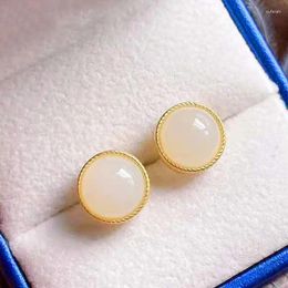 Dangle Earrings Natural Hetian Jade Ear Studs Women's S925 Sterling Silver Small And Simple Exquisite Refined Grace All-Match Round