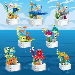 Blocks Ocean Potted Building Block Series Shark Clown Fish Crab Lantern Fish Bonsai Model Brick Desktop Decoration Childrens Christmas Gift WX