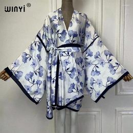 Elegant Kimono Africa Print Dress Summer Beach Wear Women Cardigan Holiday Long Sleeve Silk Feeling Outfit For