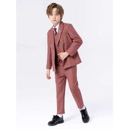 Flower Boys Red Jacket Vest Pants Tie Jewellery 5PCS Photograph Suit Children Wedding Dress Kids Birthday Party Tuxedo Costume