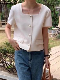 Women's Jackets KUSAHIKI Korean Chic Summer Retro Square Neck Single Breasted Casual Versatile Short Sleeved Elegant Jacket For Women