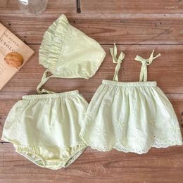 Clothing Sets Summer 2024 Baby Girls Suit Set 3PCS Solid Cotton Casual Green Camisole Tops Ruffle Shorts Dress With Hats Clothes For Toddler
