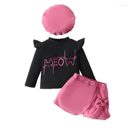 Clothing Sets Infant Baby Girl Clothes Long Sleeves Letter Prints Turtleneck T-Shirt Tops Bow Short Skirts Hat 3Pcs Set Toddler