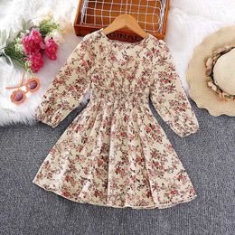 Girl's Dresses New Designed Classic 4-7 Years Beige Retro Floral Lace V-Neck Long-Sleeved Dress Comfortable Pastoral Style Princess Girl Dress