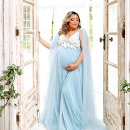 Party Dresses Dusty Blue Tulle Maternity Dress With Wrap Women Poshoot Gown Lace Appliques Boho Prom Plus Size