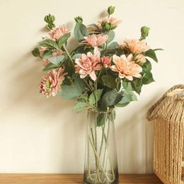 Decorative Flowers INS Japanese Dahlia Branch With Fake Leaves Silk Artificial House Decor Pography Living Room Decoration Flores