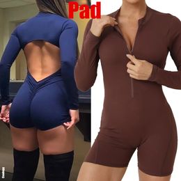 Pad Zipper Long Sleeve Yoga Set Women One Piece Jumpsuit Gym Workout Shorts Fitness Stretch Bodysuit Sports Athletic Suit 240511