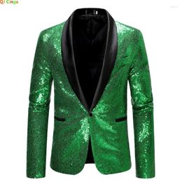 Men's Suits Green Sequins Black Collar Blazer Wedding Party Dress Coat Blue Male Suit Jacket S M L XL XXL