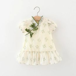 Girl Dresses Children's Dress Summer Baby Double Bow Printed Chinese Stand Up Neck Bubble Sleeves Princess