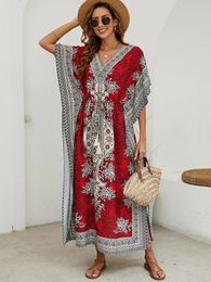 Bohemian V-neck Short sleeved Beach Smoke Dress Womens Summer Loose Casual Sun Protection Print Bohemian Womens Long Dress 240430