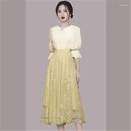 Work Dresses Summer 2 Pieces Set Women Lantern Sleeve O-Neck Blouses Shirts High Waist Slim Lace Embroidery Skirts Office Female Suit