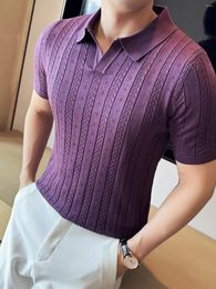 Men's Polos Knitted Short Sleeve Polo Shirt Retro Lapel Cardigan Button Fashion Business Leisure Knitwear Summer Clothing C81