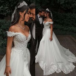 Gorgeous Mermaid Wedding Dress For Bride Beading Lace Wedding Dresses With Detachable Train Lace Appliqued Beads Off The Shouler Bridal Gowns 0516