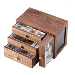 Storage Boxes Black Walnut Wood Solid Jewellery Case With Mirror Handmade Engraving Wooden Earrings Necklace Box