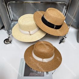 Chic Flat Top Straw Hats Metal Letter Designer Beach Hats Summer Holiday Ladies Woven Top Hat