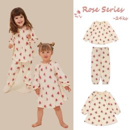Girls Year 2024 KS Rose Princess Dress Childrens Cute Print T-shirt Top Pants Baby Soft Dress Childrens Casual Clothing Set 240428