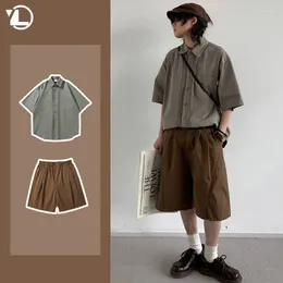 Men's Tracksuits 2024 Summer College Casual Set Mens Simplicity Solid Short Sleeved Shirt Wide Leg Shorts Suit Japanese Harajuku 2-pcs