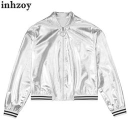 Pullover Kids Girls Shiny Metallic Shipper Jacket Long Sleeve Stand Stand Striped Edge Cardigans Outerwear Hip Hop Street Dancewearl240502